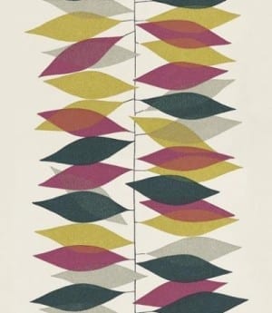 A 50's inspired Miro wallpaper featuring colorful leaves on a white background.
