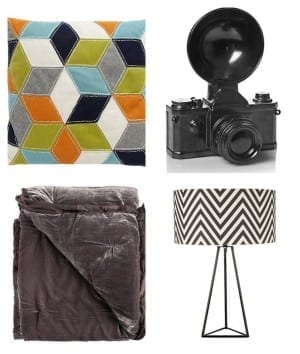 A collage of items including a camera, pillows, and a blanket from the Debenhams Dream Bedroom Competition.