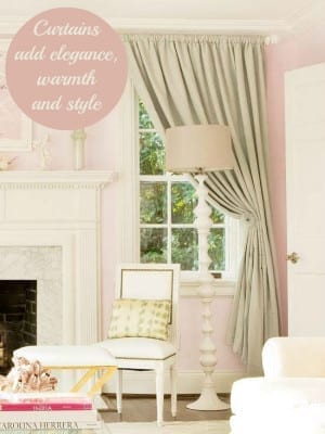 A living room with pink walls and white furniture, adorned with how to choose the best window treatments.
