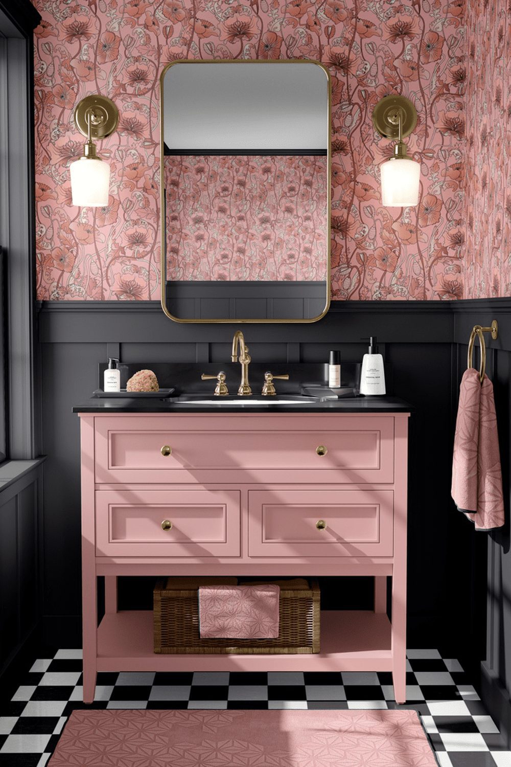 A stylish small downstairs toilet featuring a pink vanity, patterned wallpaper, and contrasting black and white checkered floor.