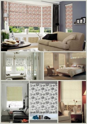 A collage of pictures showcasing modern styles of roman blinds.