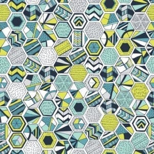 A Jessica Hogarth wallpaper featuring a blue and green geometric pattern with hexagons.