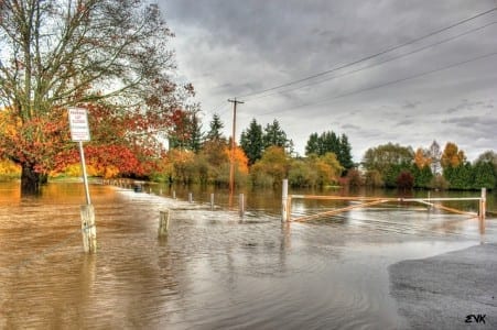 The flooding caused by heavy rainfall has resulted in a street becoming submerged in the middle of a bustling city, posing a threat to the homes and safety of its residents.