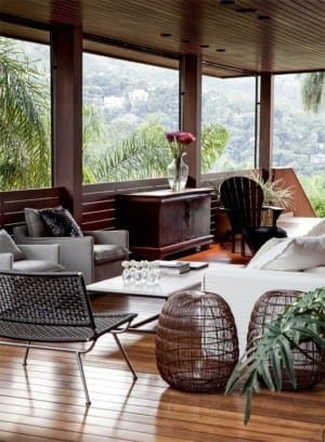 A living room with wooden furniture.