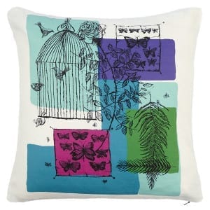 A John Lewis cushion featuring an image of a birdcage adorned with butterflies.