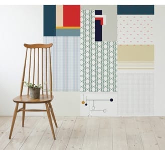 A room with various geometric patterns on the wall.