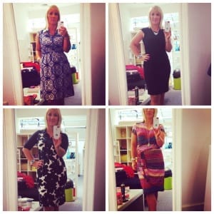 Four pictures of a woman in different dresses showcasing Love Chic Living style on her YouTube Channel.