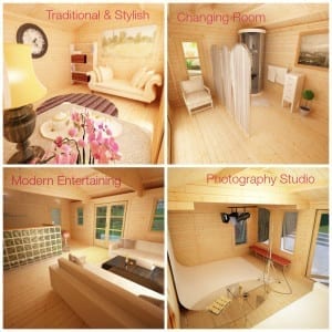 A blogger's entry for the "Style a Shed Challenge" featuring a series of photos showcasing the stunning interior of a log cabin.