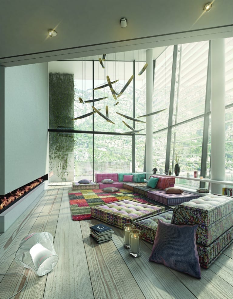 Visualise a modern living room with large windows and a fireplace, perfect for decorating projects.