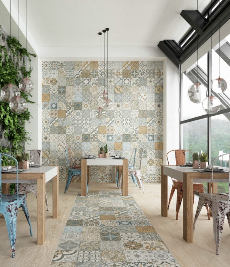 A dining room with a wooden table and SlimTile chairs.