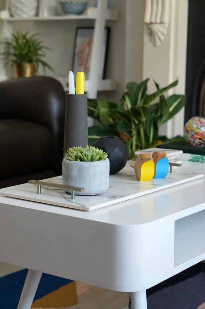 An easy DIY marble tray with a plant on it.