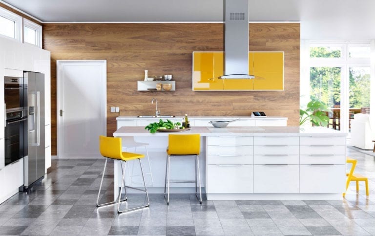 A luxury kitchen on a budget with yellow accents.