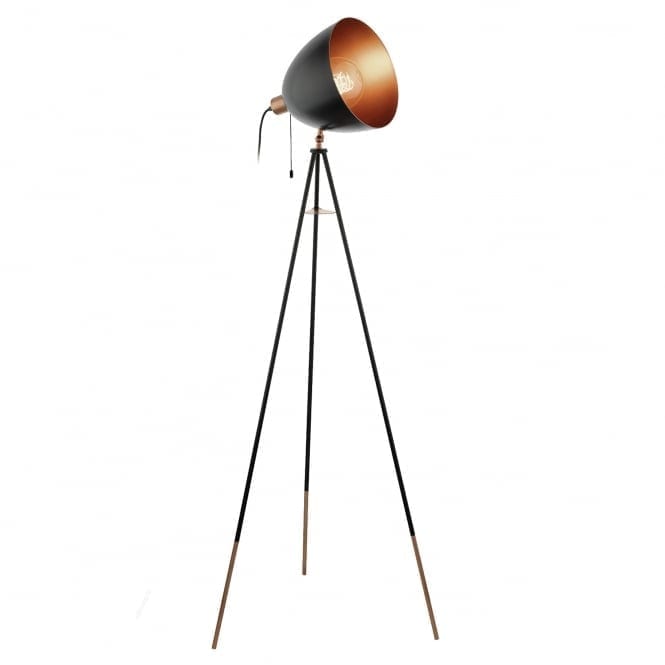 The £170 Eglo floor lamp features a stylish tripod design in black and copper, offered by Dusk Lighting.