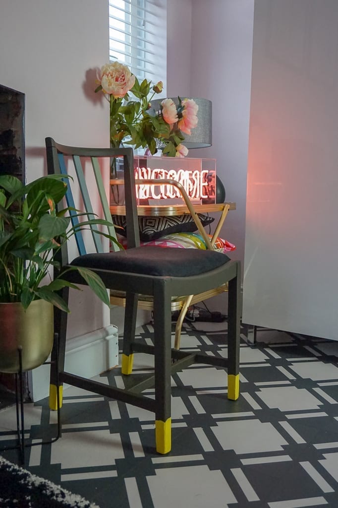 If you're looking for ways to refurbish old furniture, check out this project on an upcycled chair. Originally made as utility furniture in the 1940s it was in a sorry state, but using a modern paint palette, it's been totally transformed #upcycling #budgetfurniture #cheapchair #chairrevamp #lovechicliving