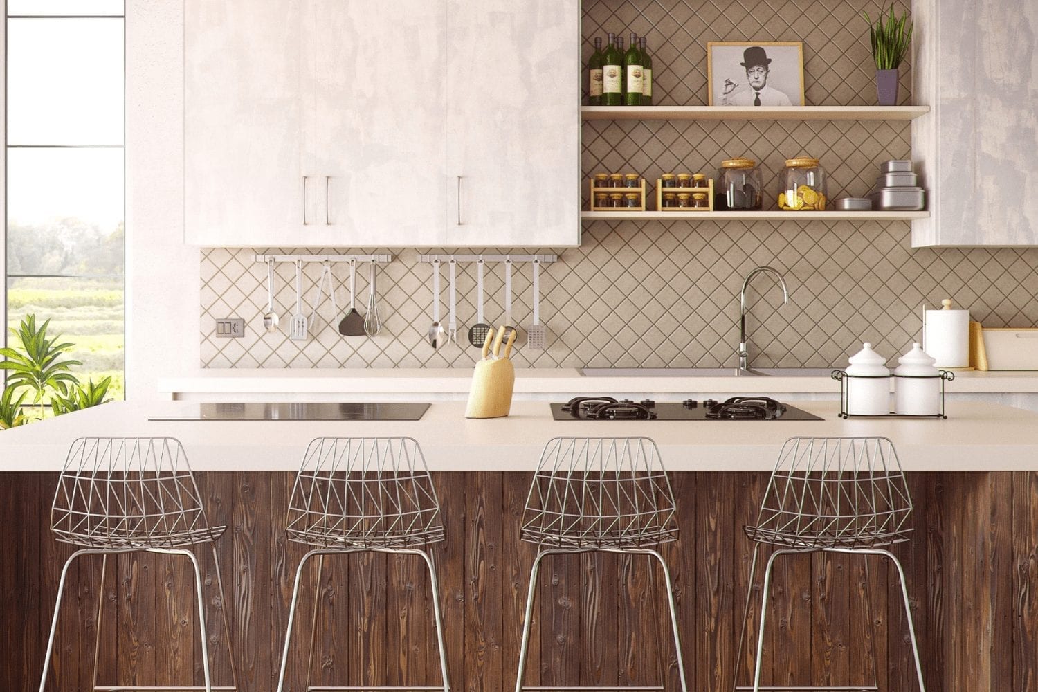 A modern kitchen with wooden cabinets and stools that could use a spring clean.