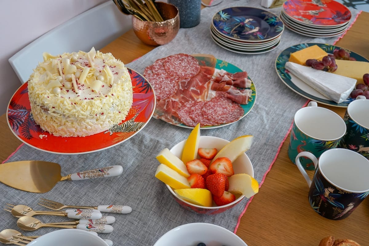 TAble of food on colourful tableware