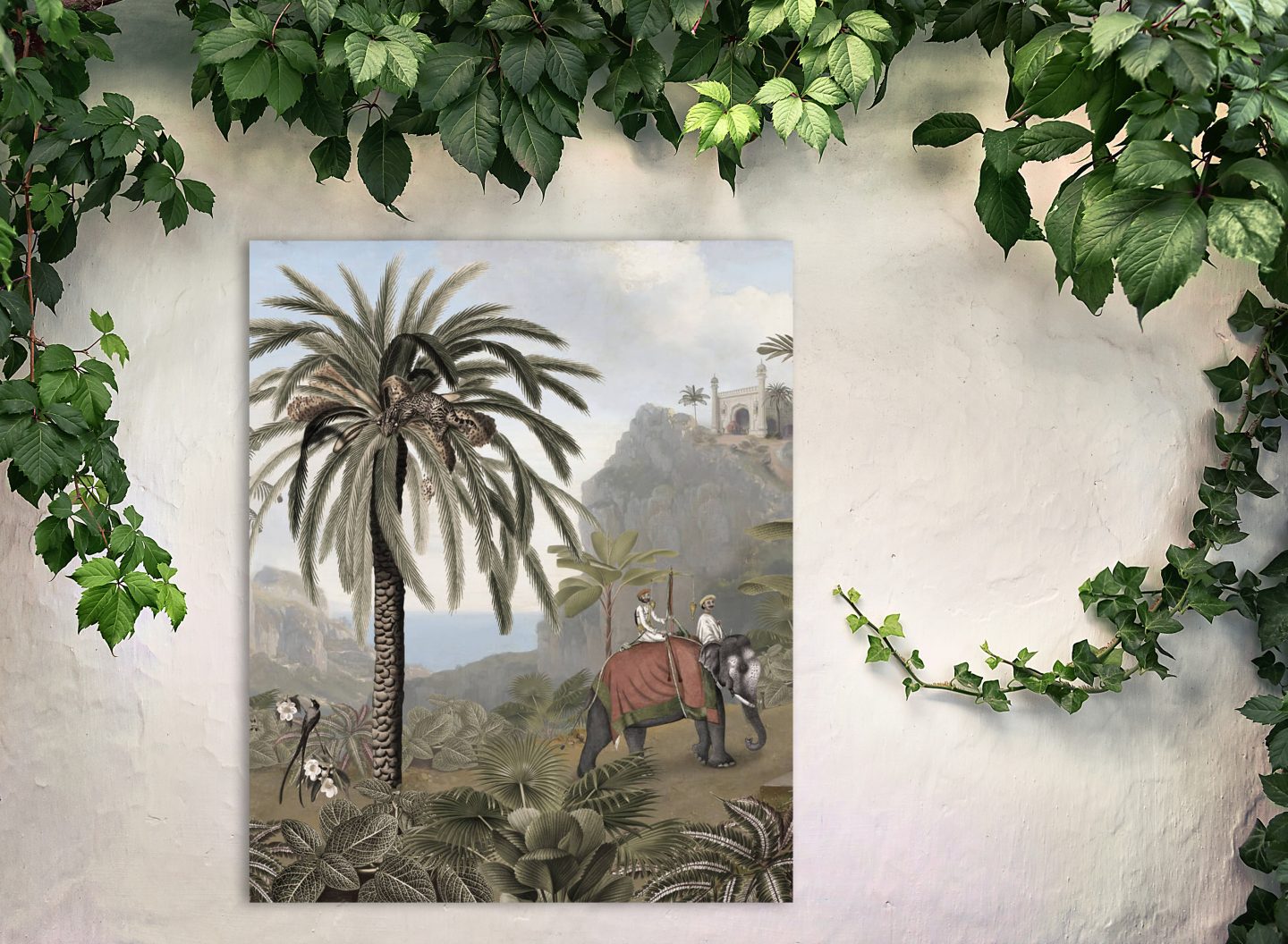 Metal print on a white outdoor wall showing an elephant and palm tree