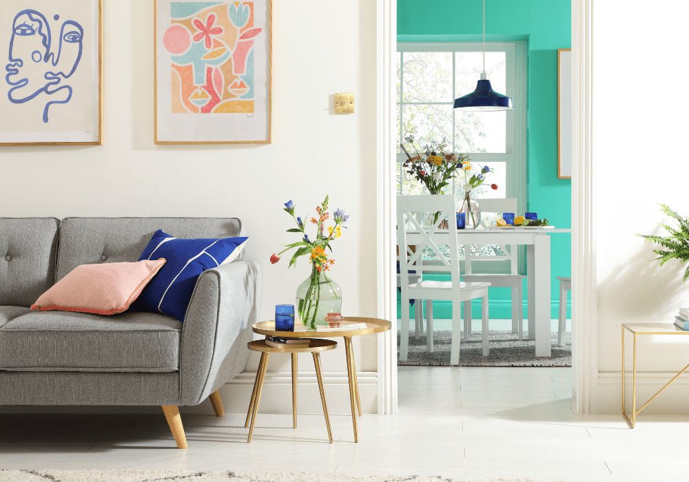 Scandi sofa design in a simple living room showing interior design trends 2022