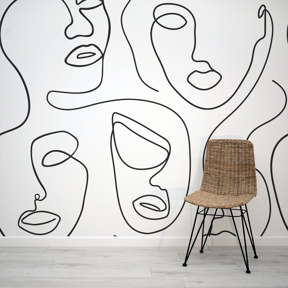 Black and white faces line drawing wall mural idea