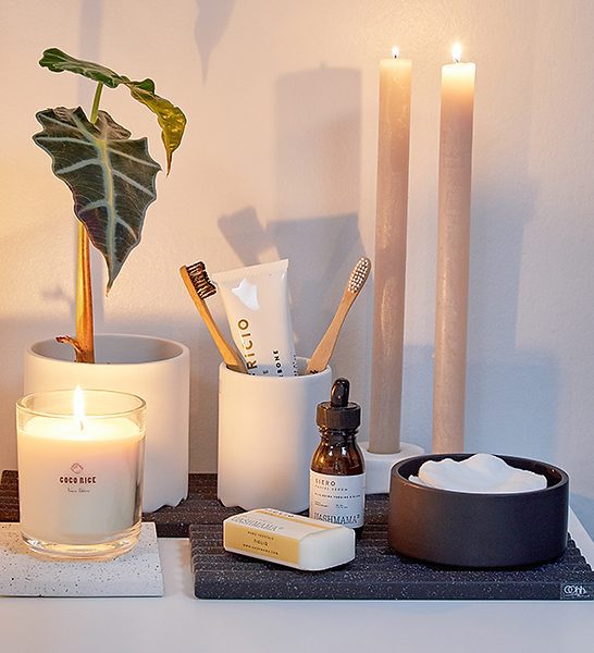 wave trays, candles and bathroom accessories from Pangaea Home