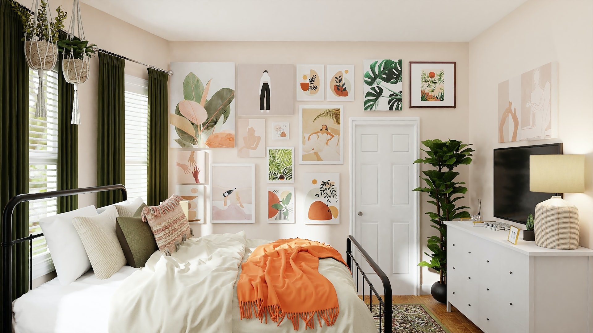 A cozy, well-lit bedroom with a gallery wall of botanical and abstract art, featuring a white dresser, metal bed frame, and green accents extends housewarming wishes.