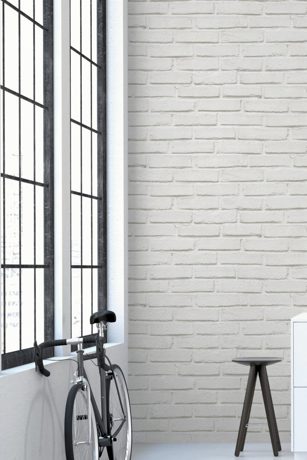 faux brick white bedroom wallpaper next to a large black metal window, showing a resting bike underneath