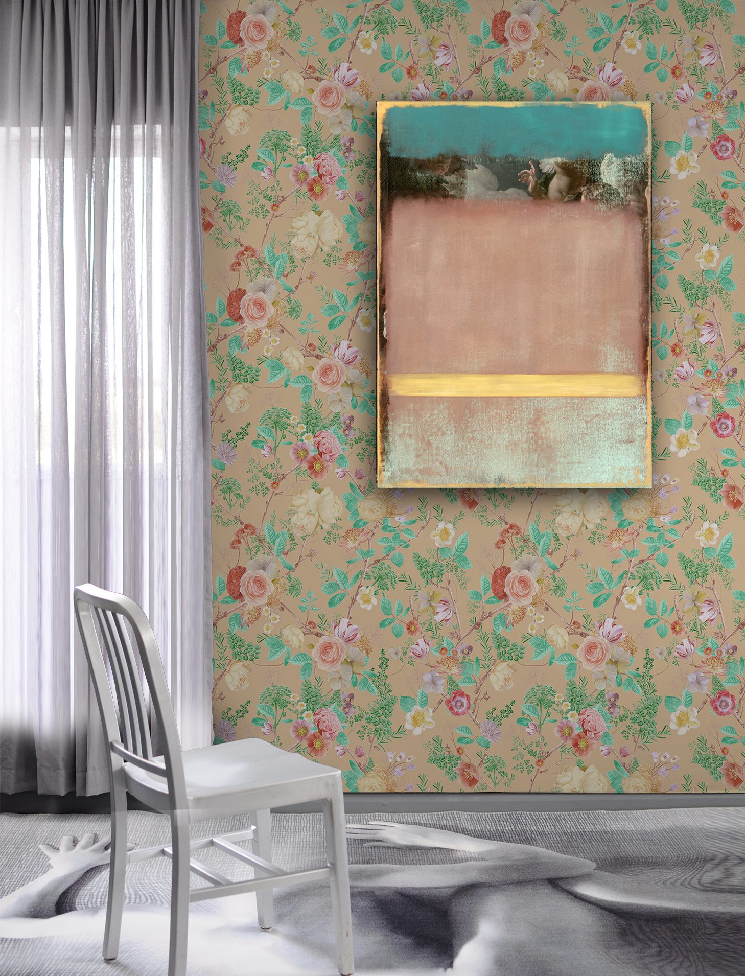Green and pink cottagecore wallpaper in floral design