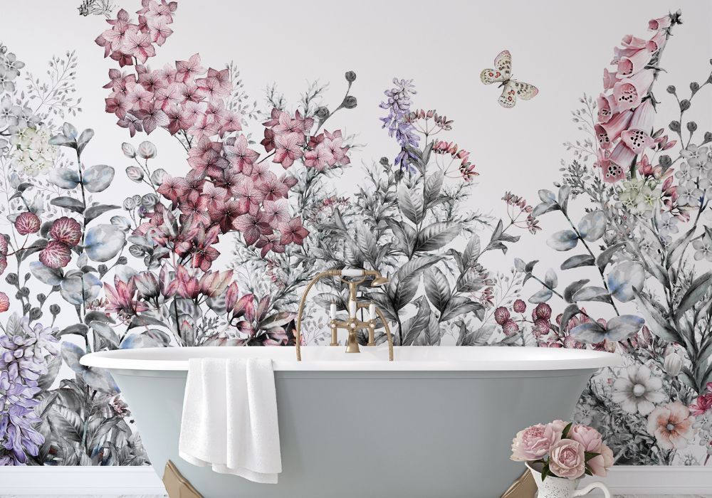 Large floral print cottagecore wallpaper in bathroom with rolltop bath