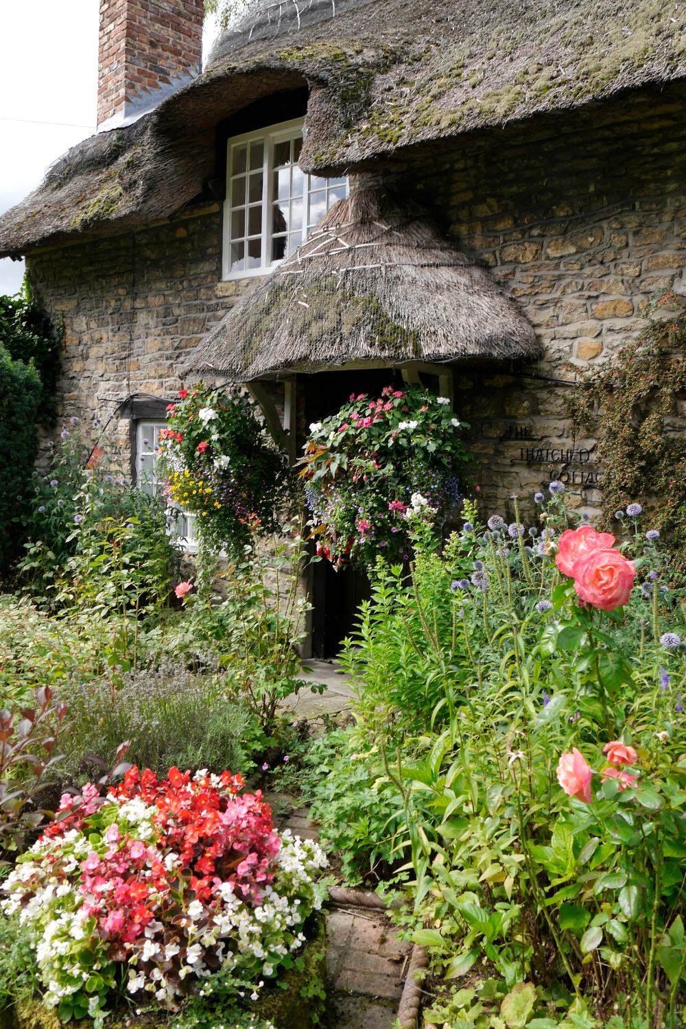 Very quaint thatched cottage with rambling cottage garden, large hanging baskets and rose plants