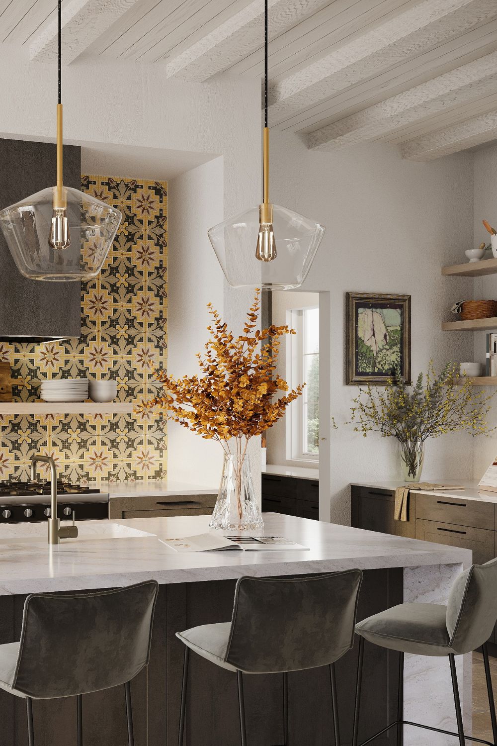 A stylish kitchen interior featuring a marble island with gray stools, patterned backsplash, and pendant lights, decorated with an autumnal floral arrangement and right-colour kitchen cabinets.