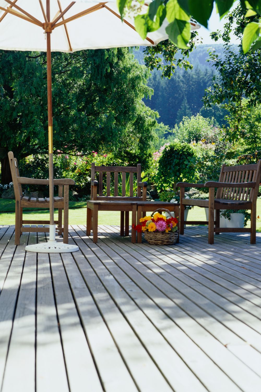 Sunny outdoor patio with hills in the background and wooden seating with a white umbrella and pots of colorful plants