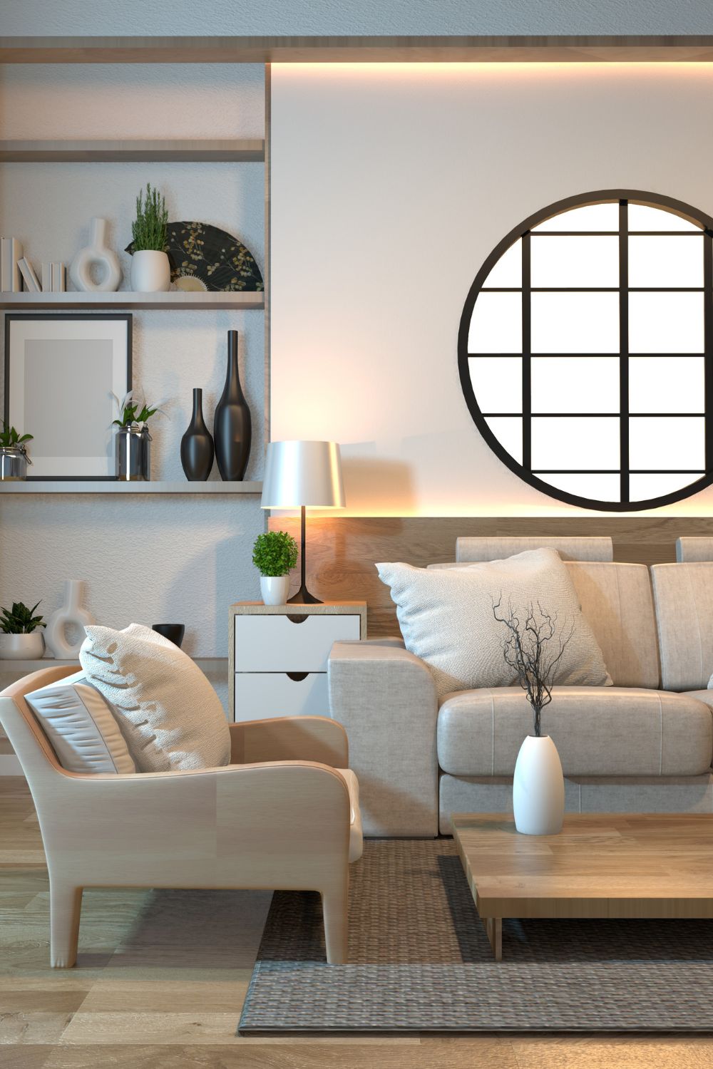 Modern living room featuring a beige sofa, an armchair, a round window, and decorative shelves against a wooden wall—a perfect showcase for property marketing.