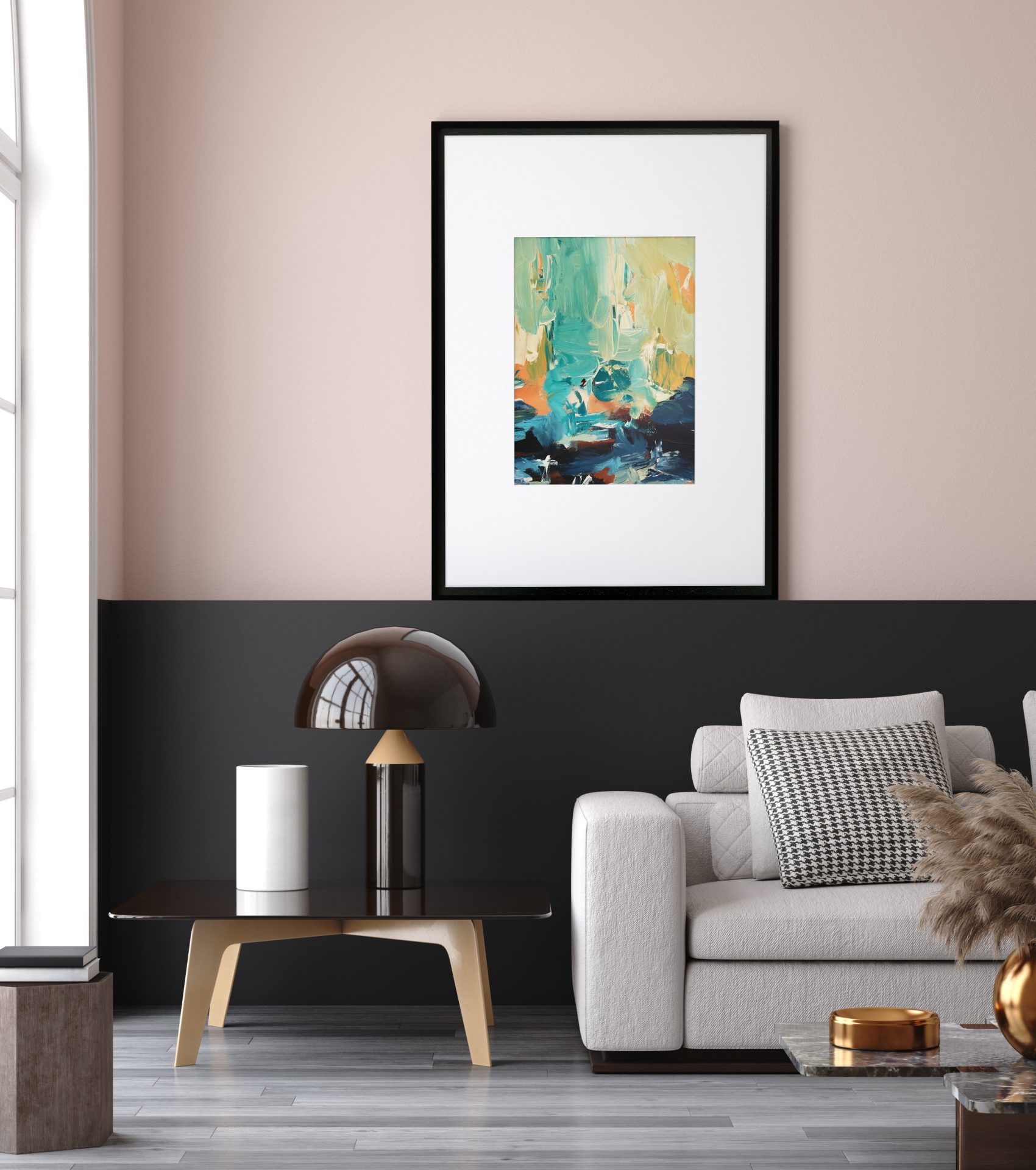 Modern living room with white sofa, abstract framed painting on the wall, black coffee table, and stylish lamp harmonizing with Feng Shui principles.