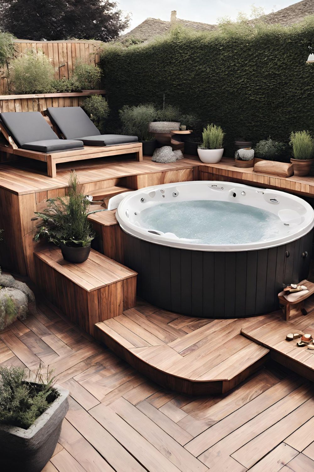 Modern backyard featuring fashionable deck designs, a hot tub, sun loungers, and greenery, creating a cozy, relaxing outdoor living area.