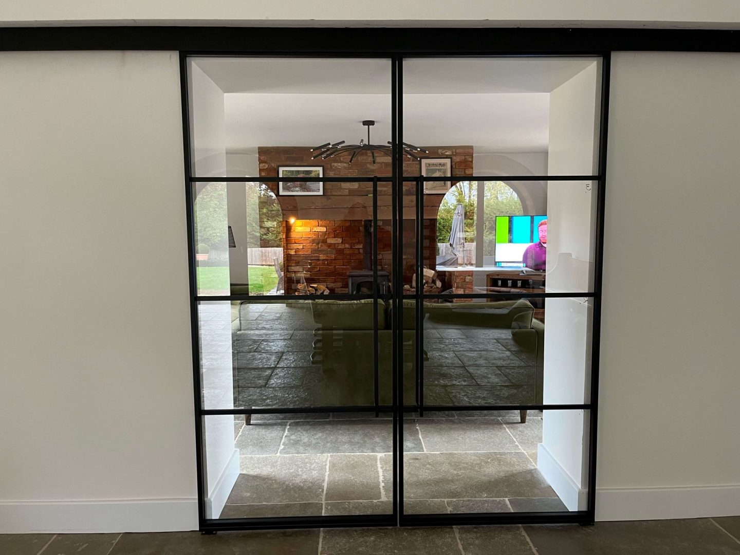 An affordable sliding glass door in a living room.