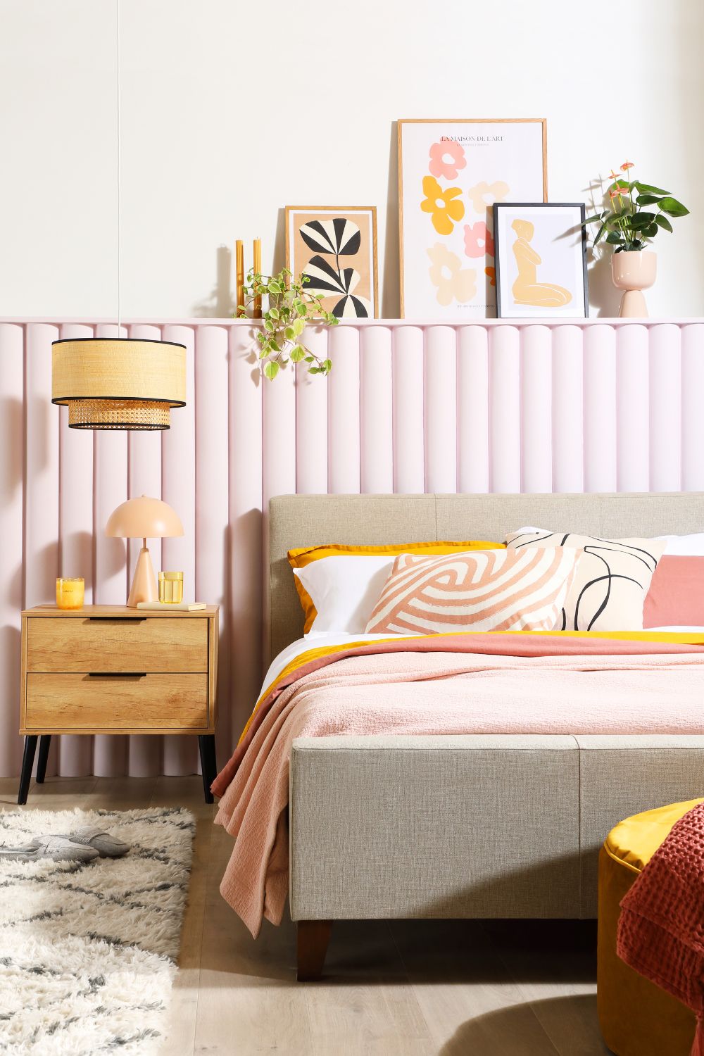 Upgrade your bedroom with a comfortable bed and a stylish bedside table.