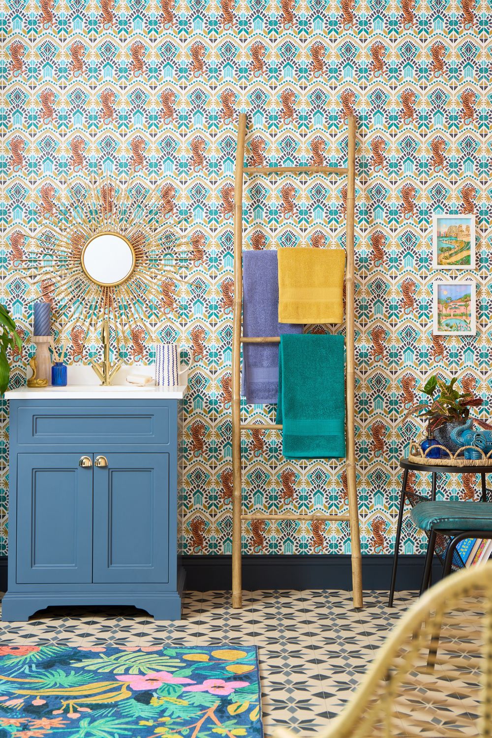 A TikTok-worthy bathroom with colorful wallpaper and a ladder, showcasing the latest home design trends.