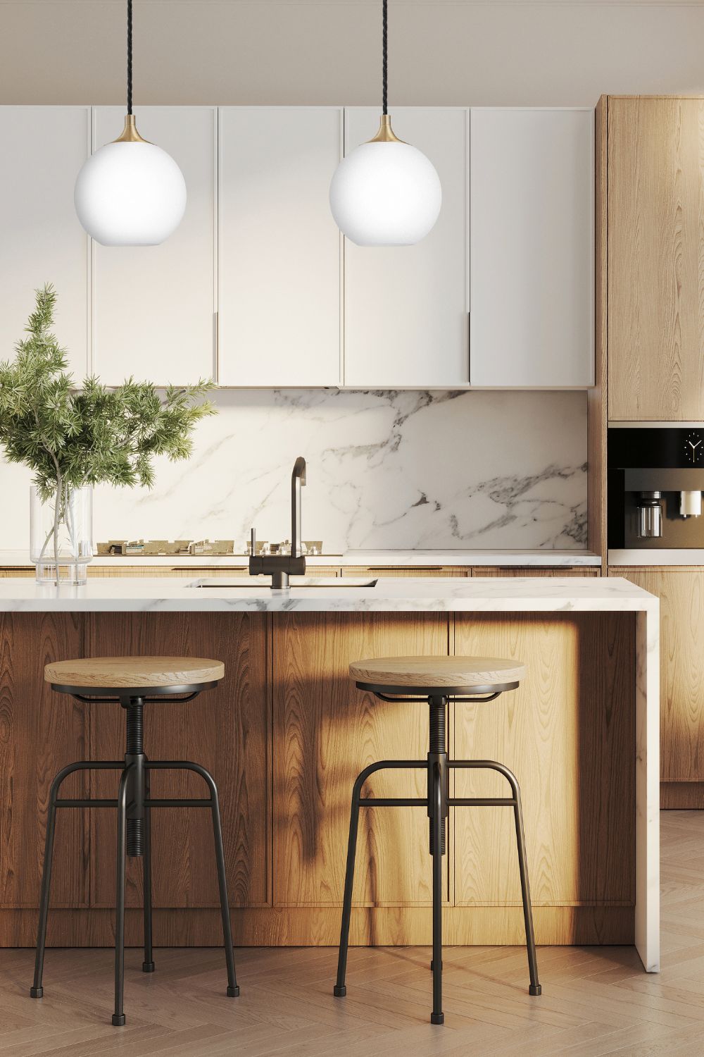 A modern kitchen with elevated wooden cabinets and stools featuring a stylish backsplash design.