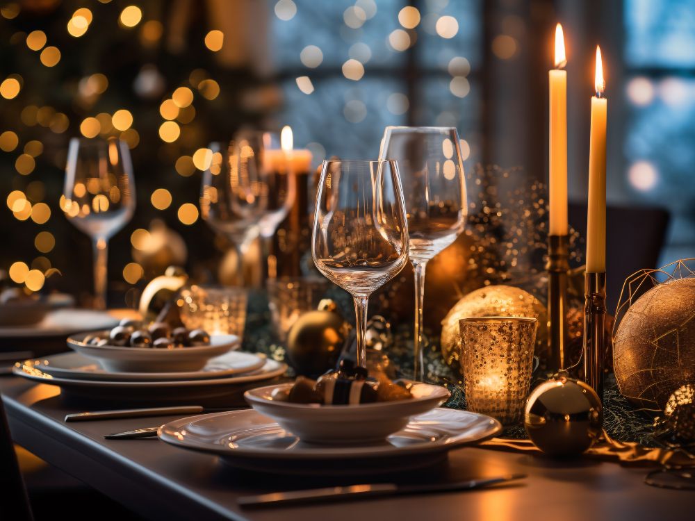 A Christmas table setting transformed with gold decorations and candles, creating an elegant ambiance for the festivities.