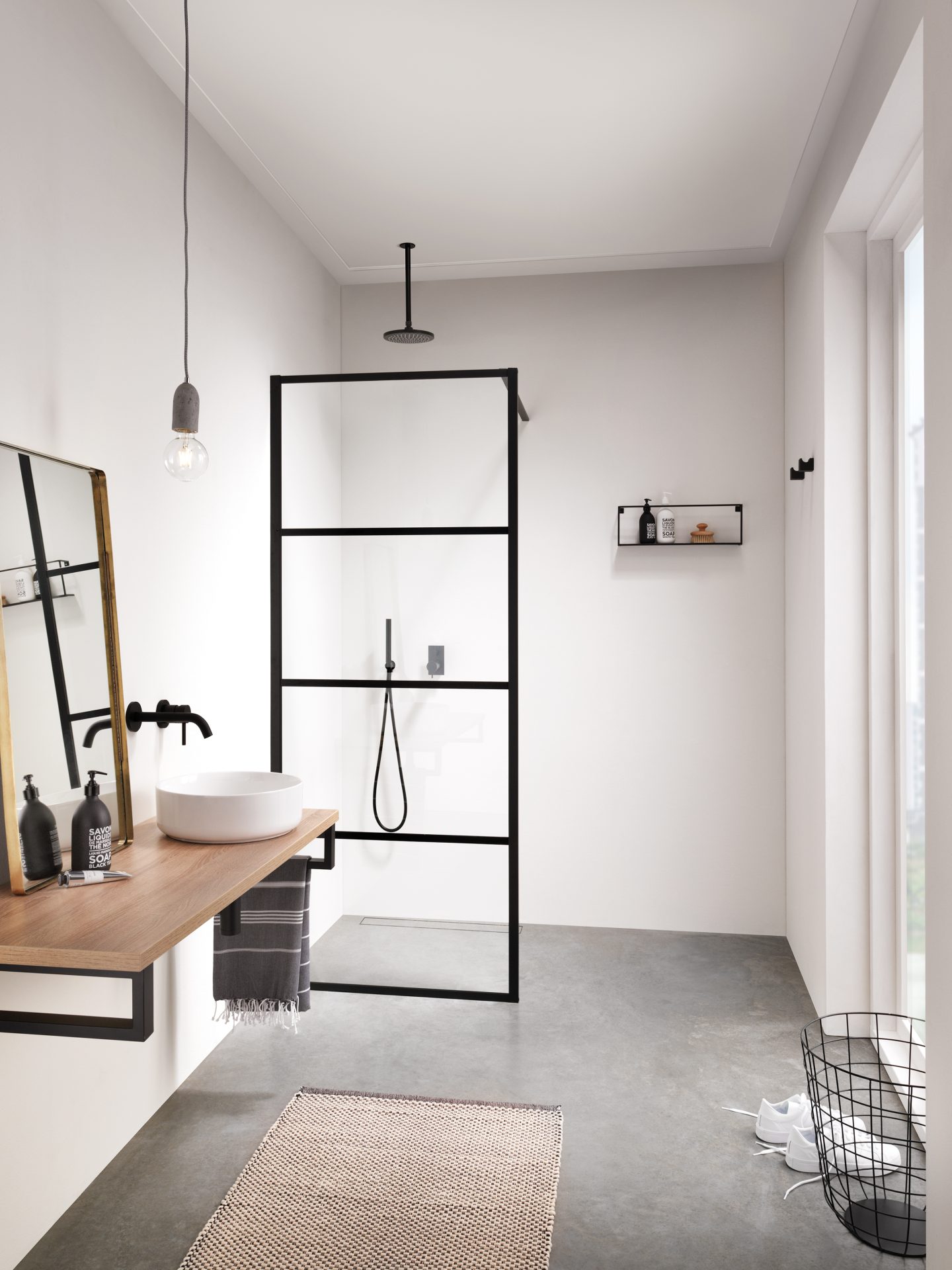 A modern bathroom with a glass wet room shower stall.