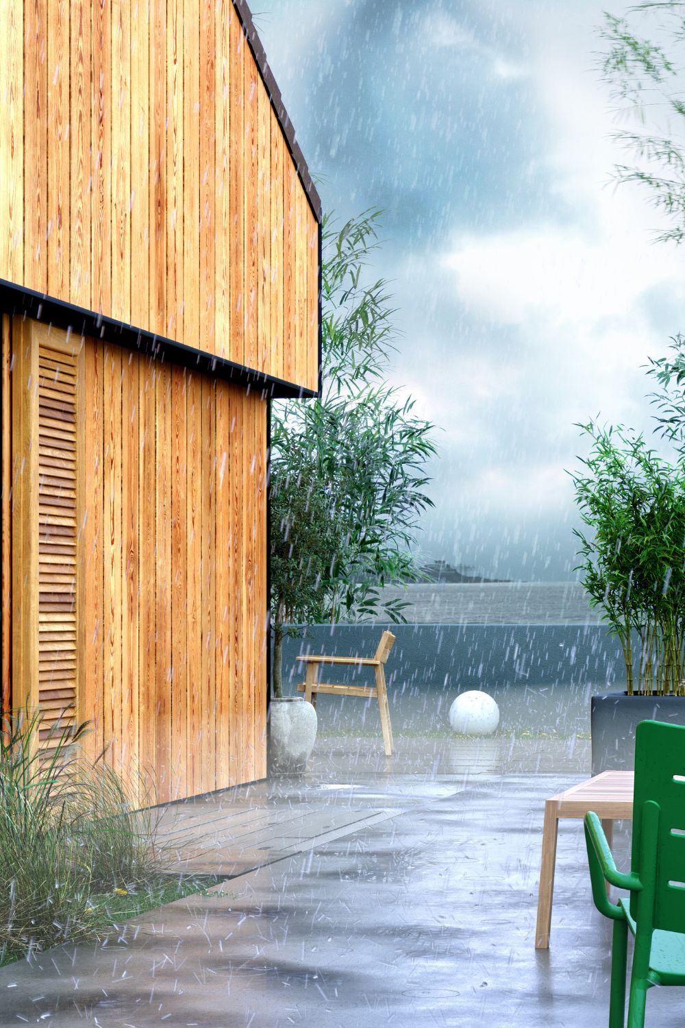 Rainfall outside a modern wooden building with outdoor seating, enhanced with a durable WIN V33 decking stain.