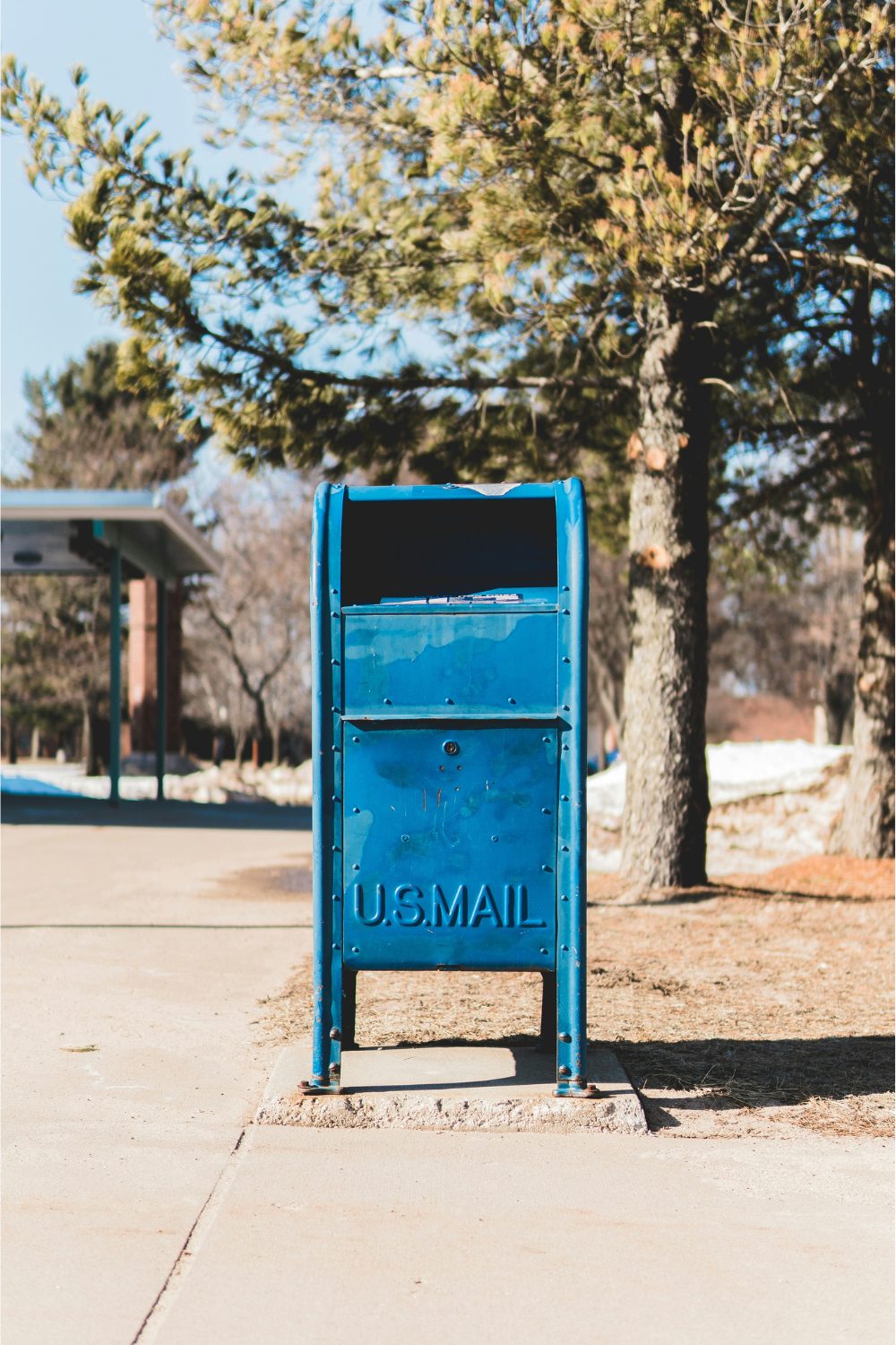 Blue US mailbox with woods behind