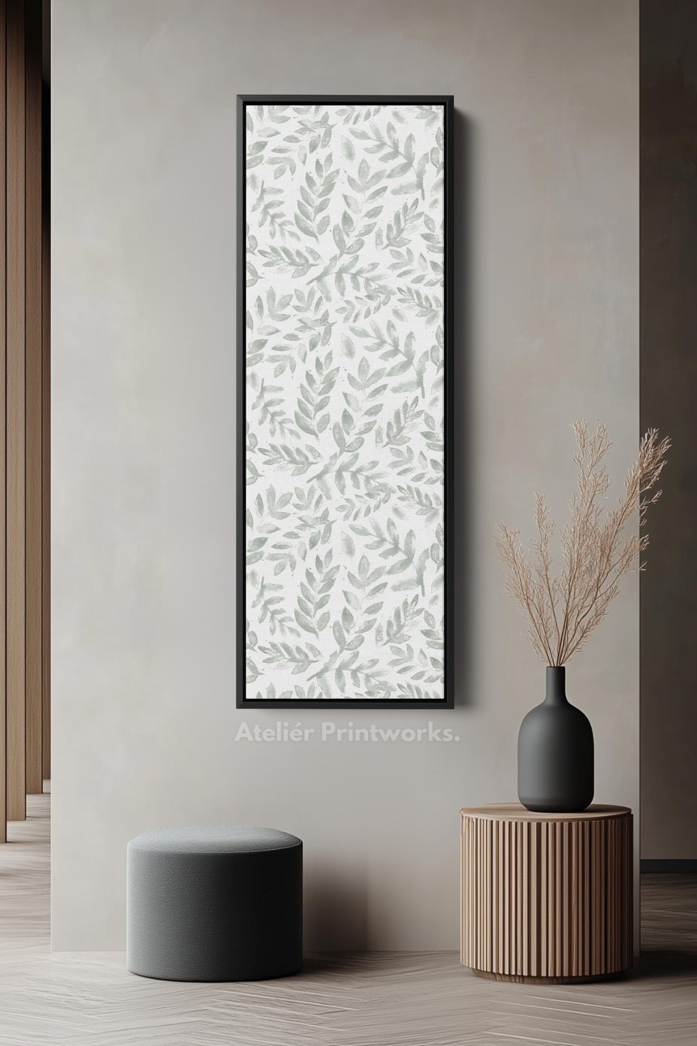 Grey and wood hallway space with vertical white and grey botanical wall decor