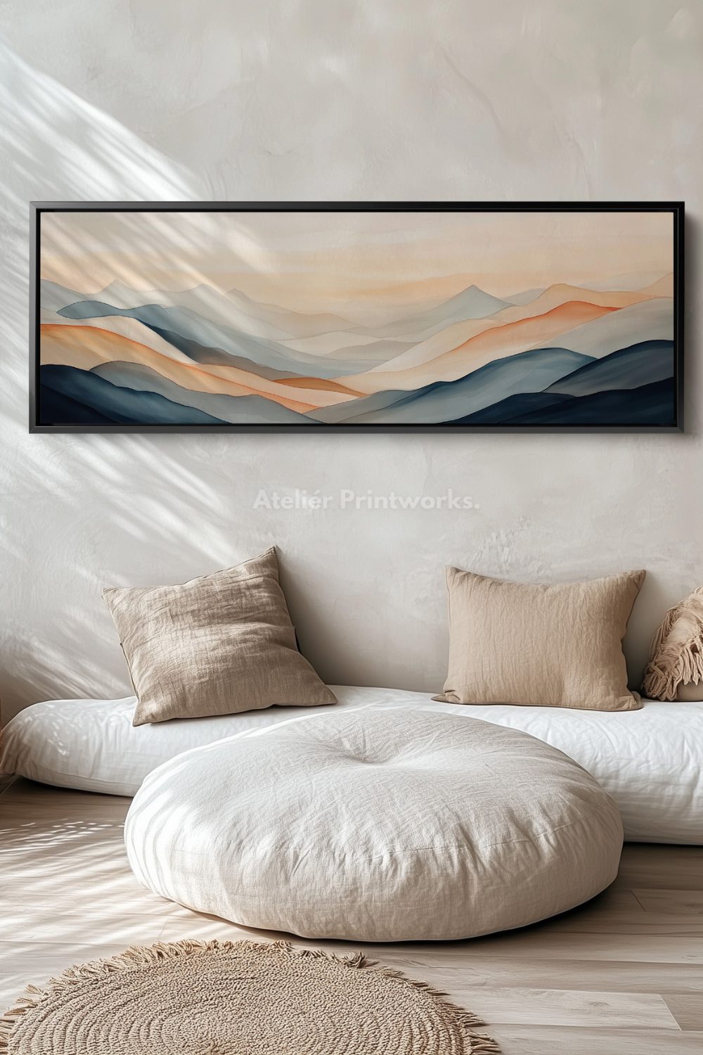 Light grey bedroom with natural light and a long horizontal landscape print