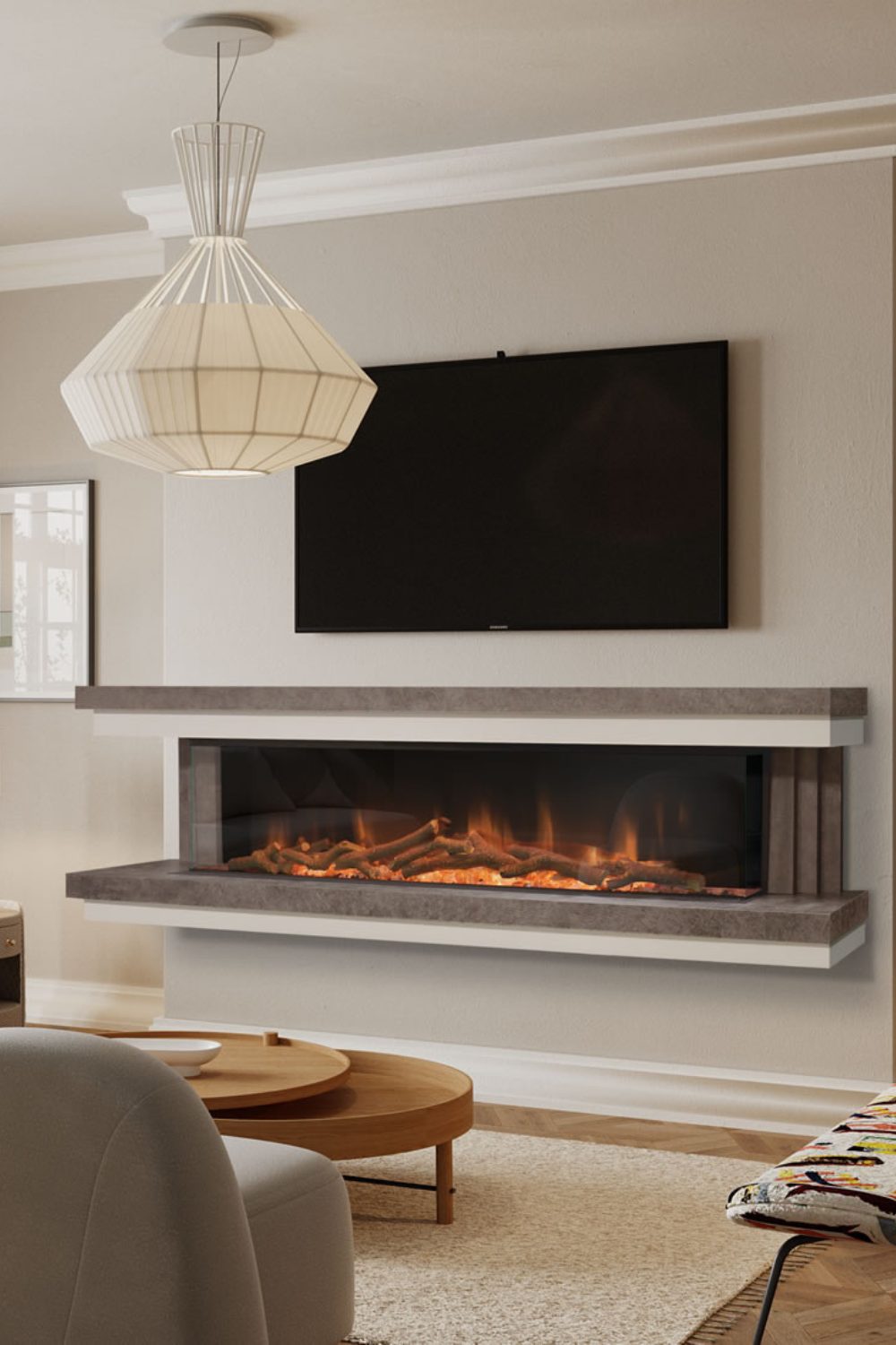 Living room with wall-mounted TV and fireplace