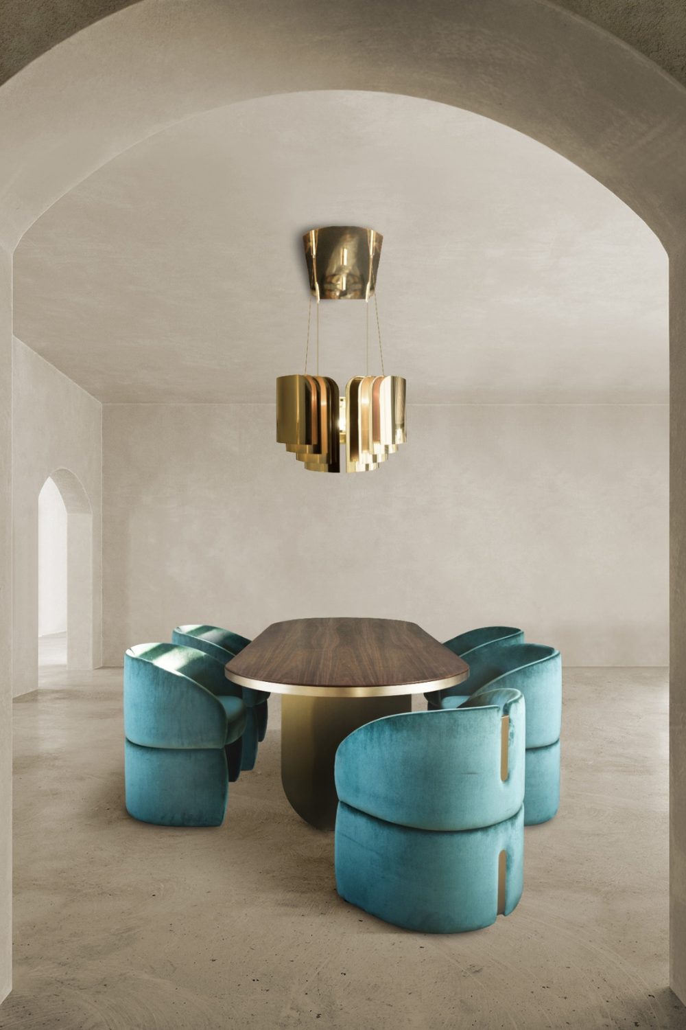 Minimalist room with gold light feature and curved blue chairs