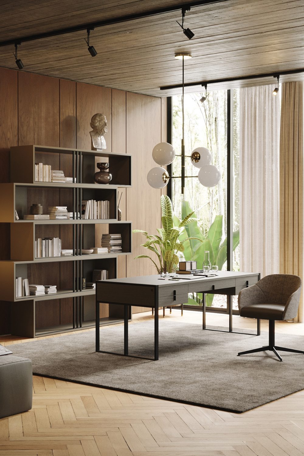 Neutral brown-toned home office with desk, chair and feature shelving