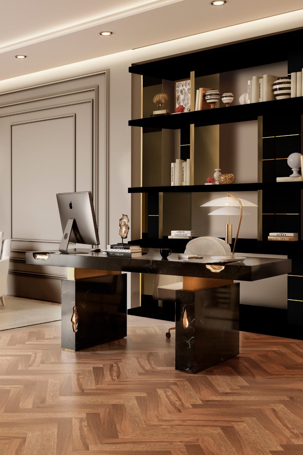 Dark brown and gold statement desk in front of shelves on a wooden parquet floor 