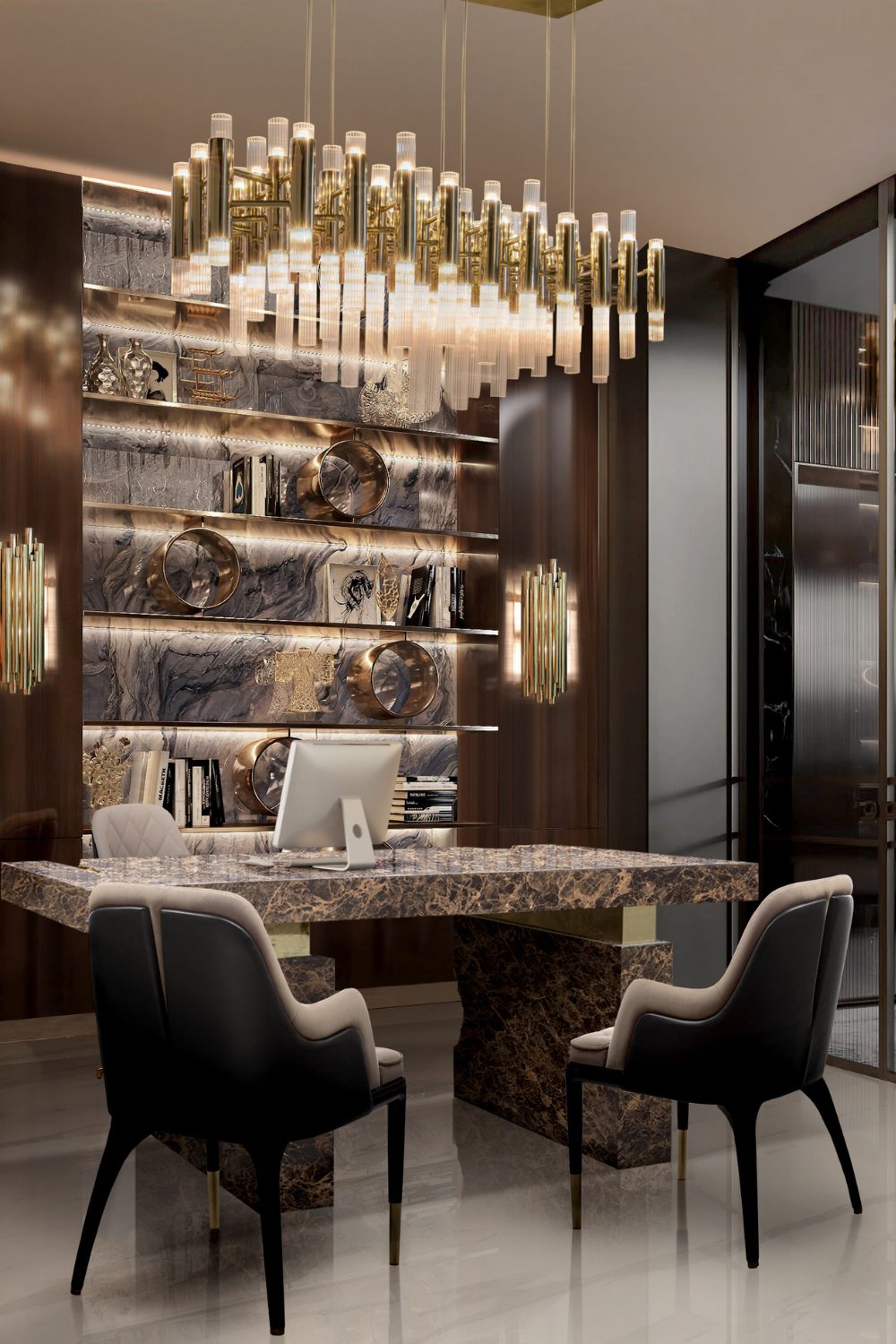 Home office with dark wood, stone-topped desk and gold light features