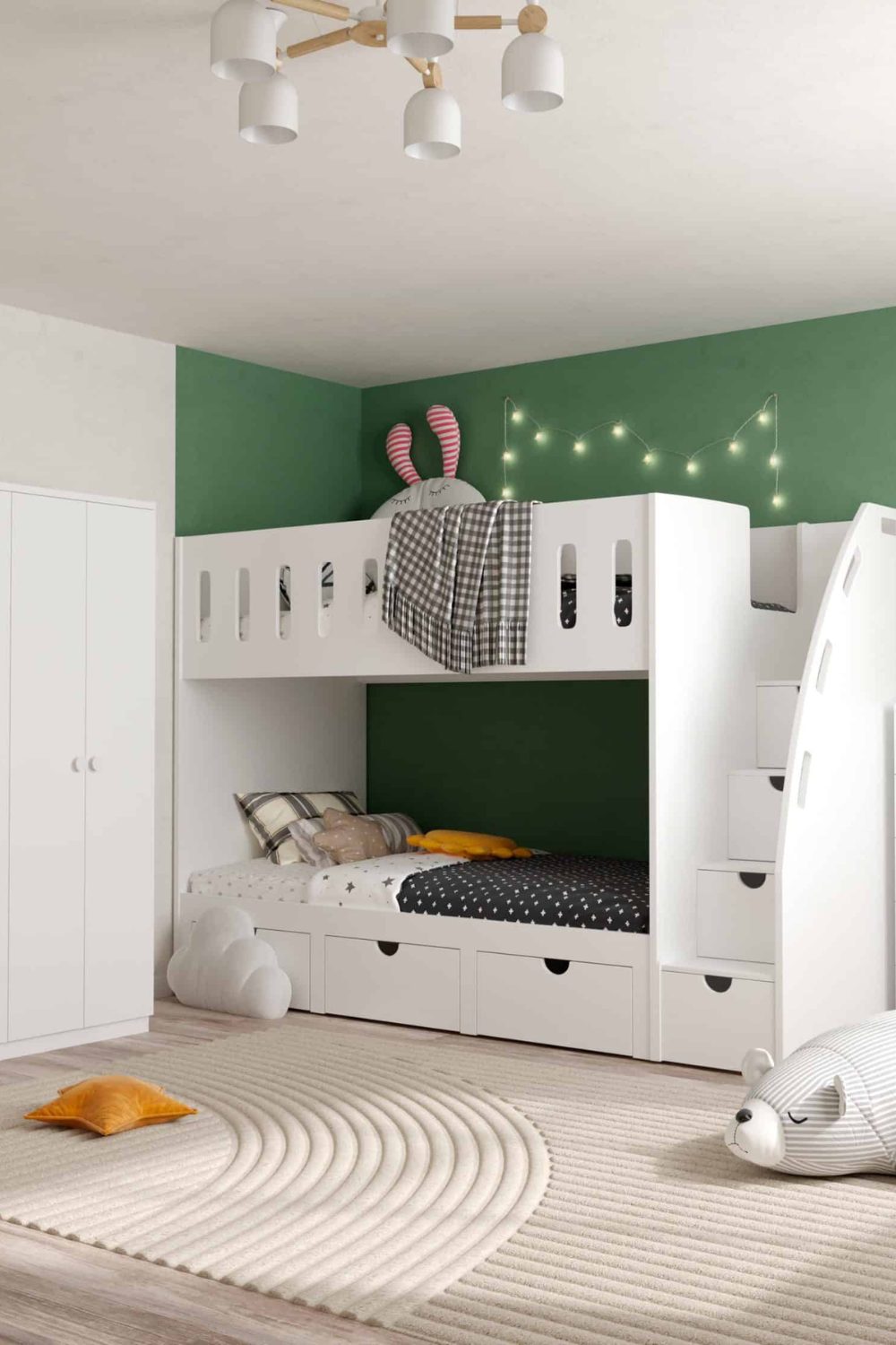 White bunk bed and wardrobe against a dark green wall and a white ridged rug